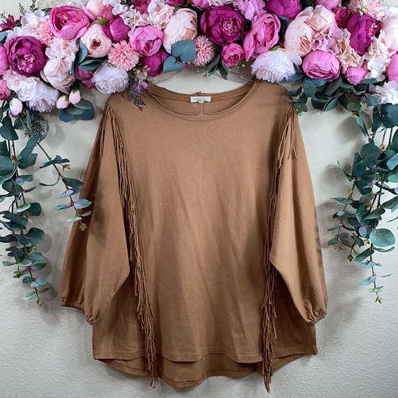 •easel• Tan {100% COTTON} Heavyweight long-sleeved Shirt w/ Front Fringe Detail - Picture 12 of 13